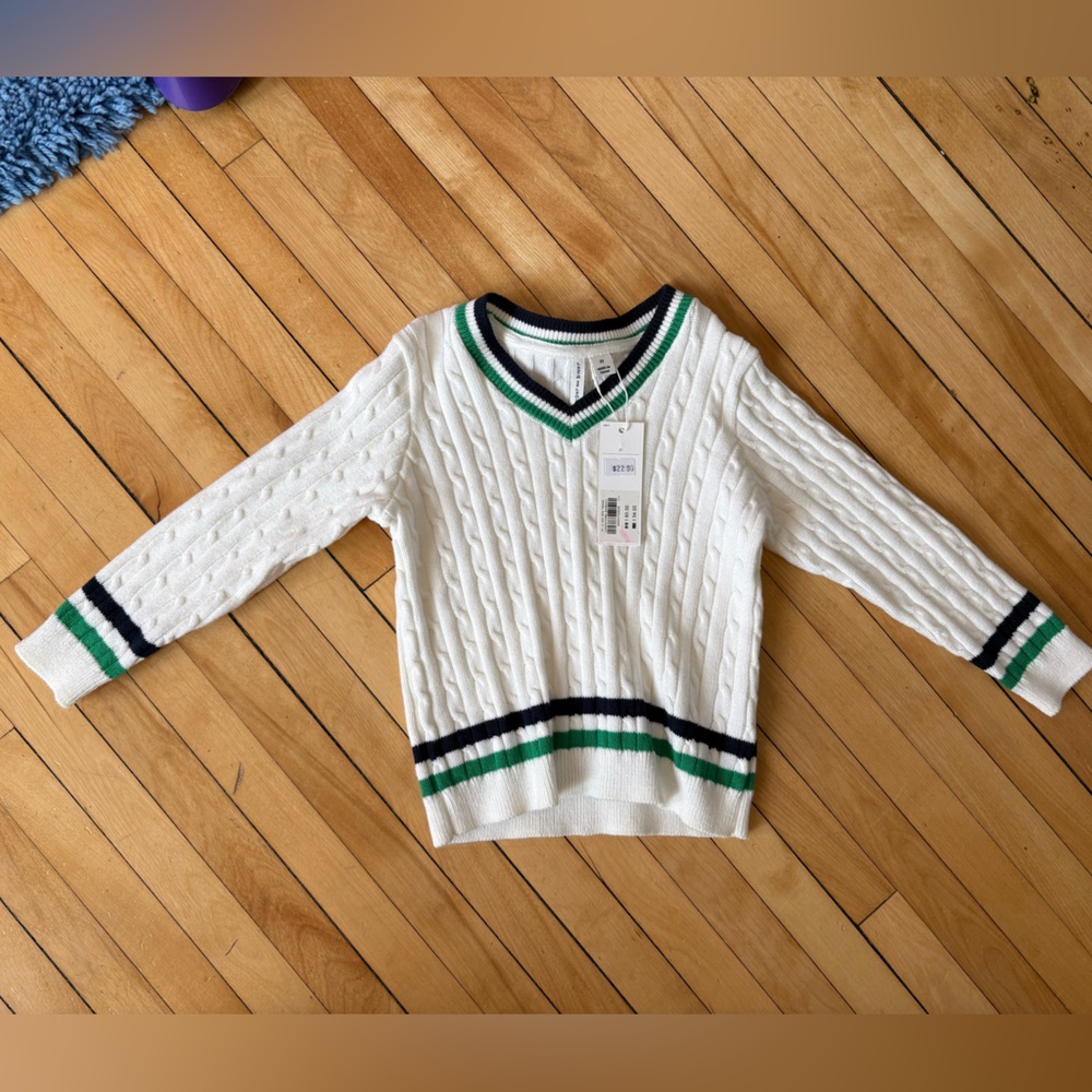 Janie and Jack White Cable Knit V-Neck Sweater with Green & Black Stripes